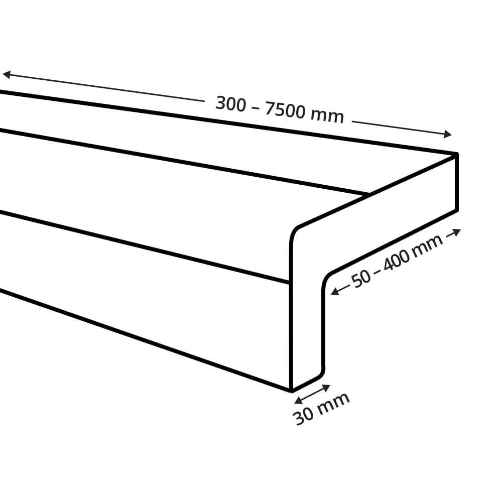 Dessin technique appui de fenêtre extérieur aluminium avec rebords latéraux pour finition briques