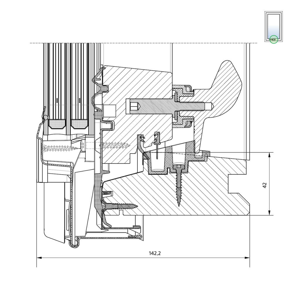 Vue du dessous : fenêtre de toit en bois Comfort, ouverture par projection et triple vitrage