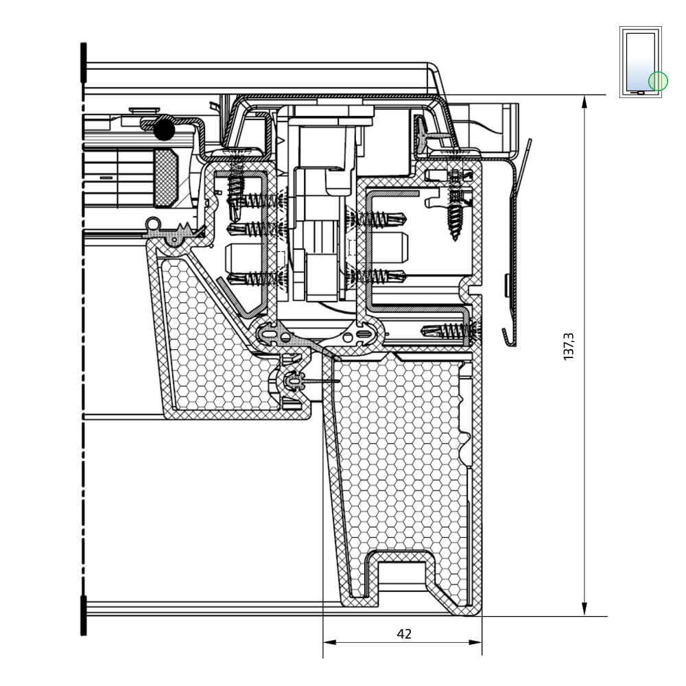 Vue du côté droit : fenêtre de toit en bois Comfort Premium, ouverture par rotation et double vitrage