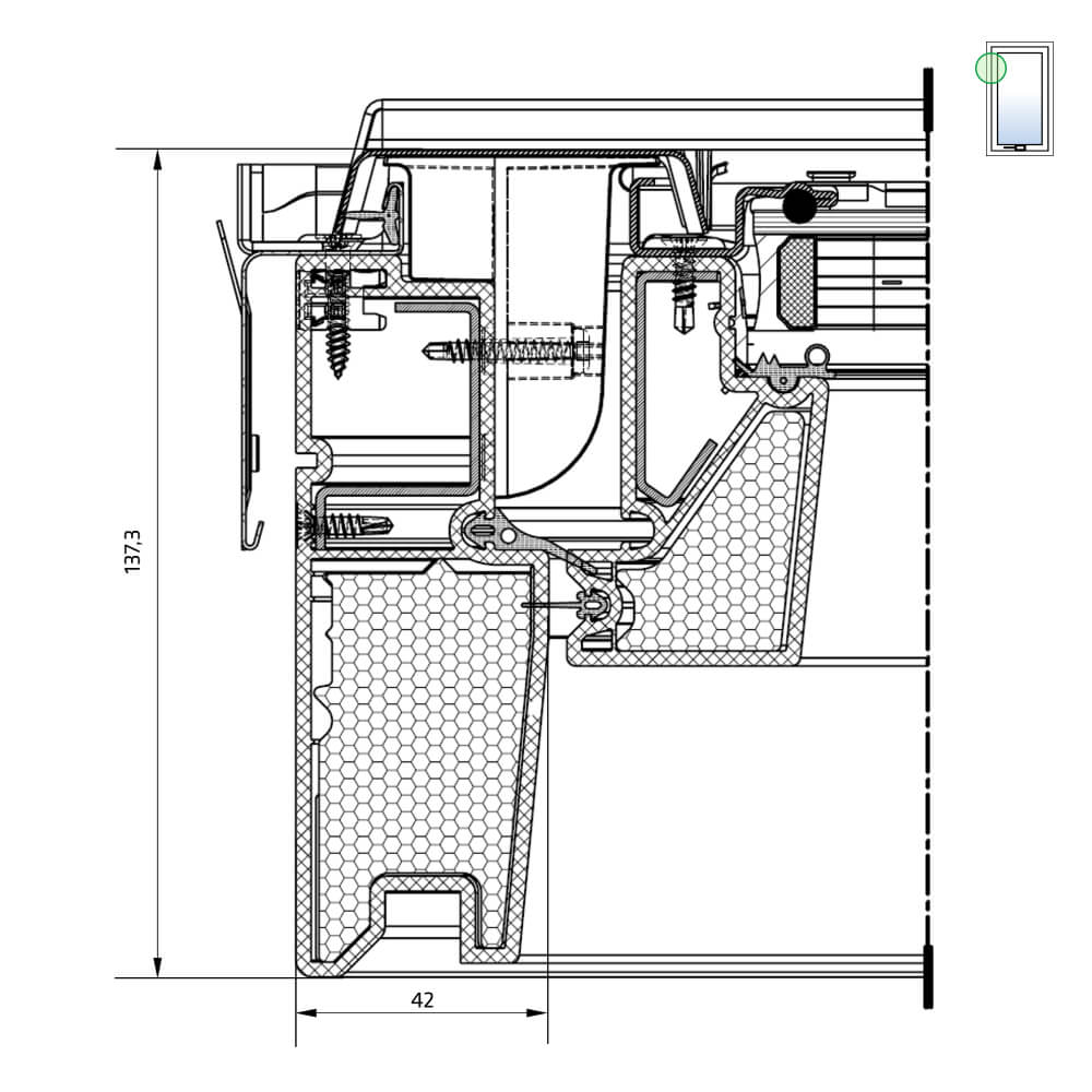 Vue du côté gauche : fenêtre de toit en bois Comfort Premium, ouverture par rotation et double vitrage