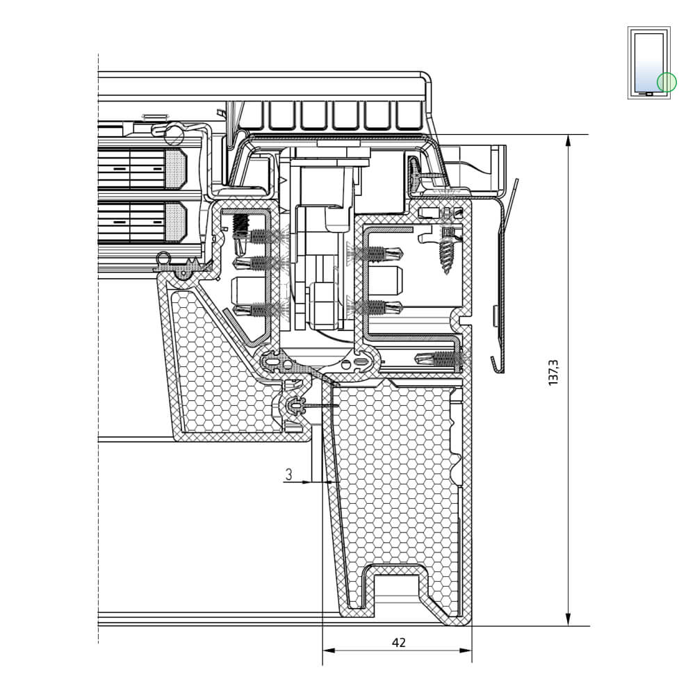 Vue du côté droit : fenêtre de toit en bois Comfort Premium, ouverture par rotation et triple vitrage