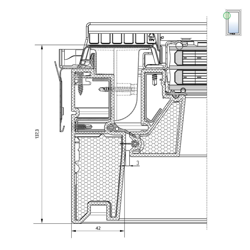 Vue du côté gauche : fenêtre de toit en bois Comfort Premium, ouverture par rotation et triple vitrage