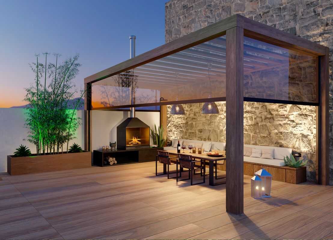 Pergola bioclimatique à semi parois en verre